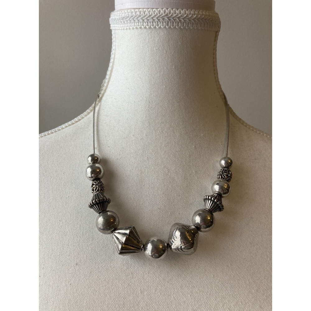 Silver Tone Necklace With Chunky Geometric Beads Statement Ball Textured
